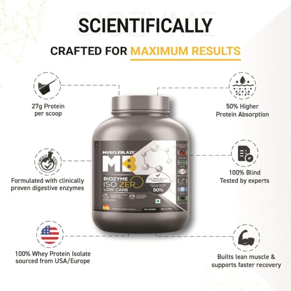 MuscleBlaze Biozyme Iso-Zero, Low Carb Whey Protein Isolate Powder, 27g Isolate Whey Per Scoop (Tropical Mango, 2kg / 4.4lbs) | USA Patent-Published Enhanced Absorption Formula (EAF)