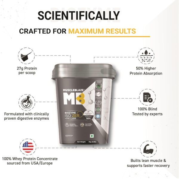 MuscleBlaze Biozyme Iso-Zero, Low Carb Whey Protein Isolate Powder, 27g Isolate Whey Per Scoop (Ice Cream Chocolate, 4kg / 8.8lbs) | USA Patent-Published Enhanced Absorption Formula (EAF)