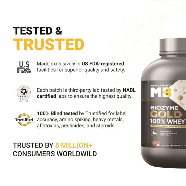 MuscleBlaze Biozyme Gold 100% Whey Protein (Monk Fruit Sweetened Chocolate Hazelnut, 2kg / 4.4 lb) | Whey Isolate as Primary Protein Source