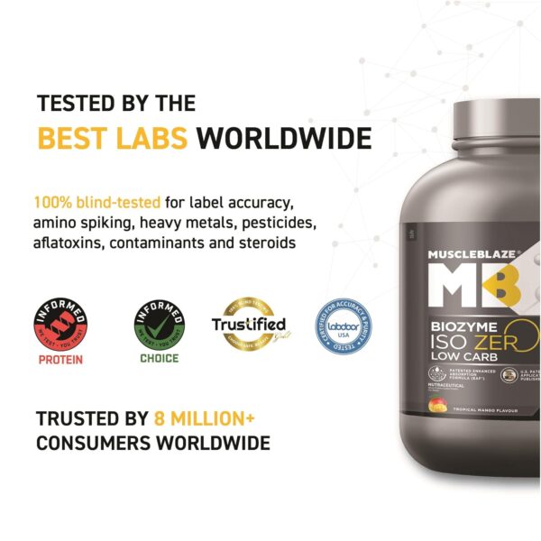MuscleBlaze Biozyme Iso-Zero, Low Carb Whey Protein Isolate Powder, 27g Isolate Whey Per Scoop (Tropical Mango, 2kg / 4.4lbs) | USA Patent-Published Enhanced Absorption Formula (EAF)