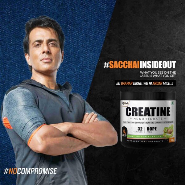 Asitis Nutrition ATOM Creatine Monohydrate (100 grams Powder, 32 Servings, Kiwi Fusion Flavour) | Dope Free | Enhances Performance | Promotes Muscle Gains