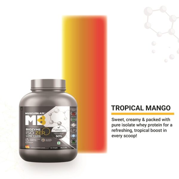 MuscleBlaze Biozyme Iso-Zero, Low Carb Whey Protein Isolate Powder, 27g Isolate Whey Per Scoop (Tropical Mango, 2kg / 4.4lbs) | USA Patent-Published Enhanced Absorption Formula (EAF)