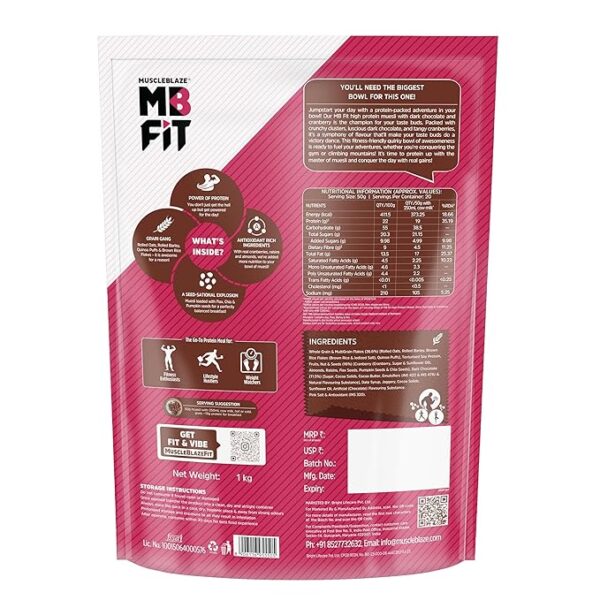 MuscleBlaze Fit High Protein Muesli (1kg, Dark Chocolate & Cranberry) | 22g Protein | With Raisins, Almonds & Super Seeds,High Protein Breakfast Cereals