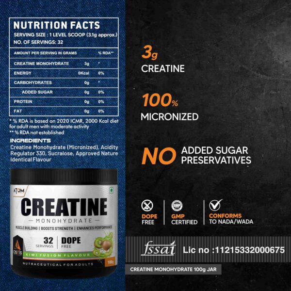 Asitis Nutrition ATOM Creatine Monohydrate (100 grams Powder, 32 Servings, Kiwi Fusion Flavour) | Dope Free | Enhances Performance | Promotes Muscle Gains