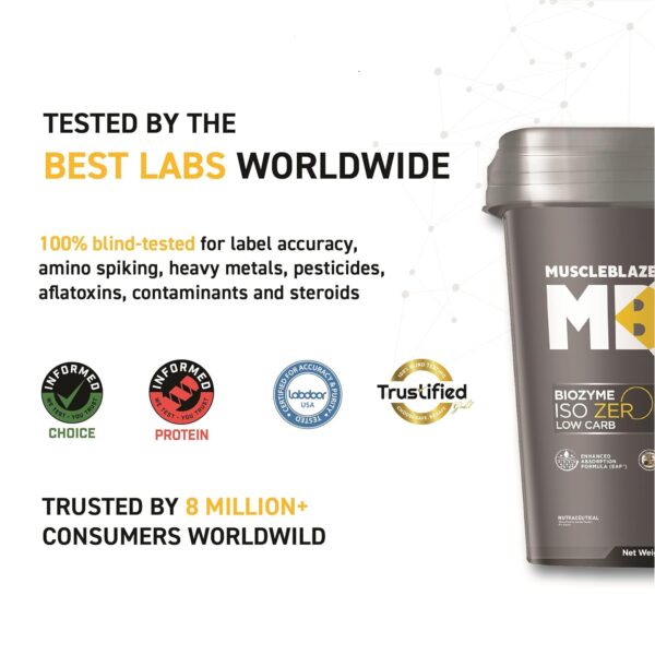 MuscleBlaze Biozyme Iso-Zero, Low Carb Whey Protein Isolate Powder, 27g Isolate Whey Per Scoop (Ice Cream Chocolate, 4kg / 8.8lbs) | USA Patent-Published Enhanced Absorption Formula (EAF)