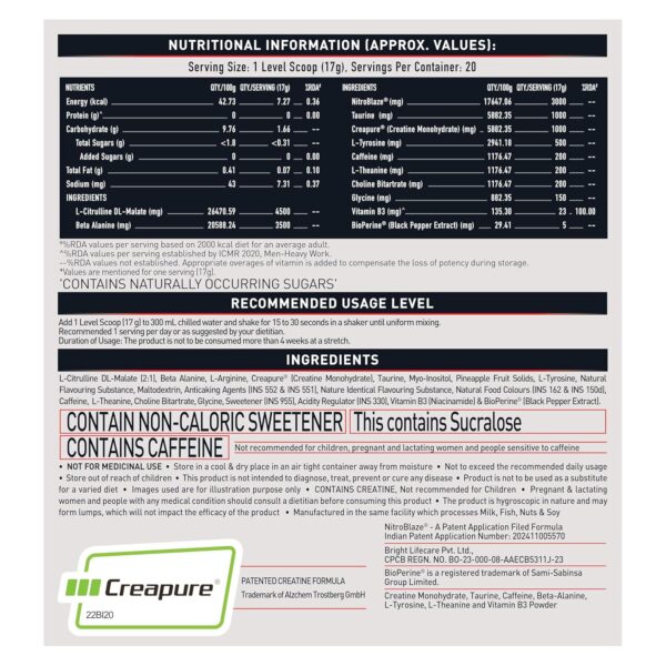 MuscleBlaze Pre Workout Wrathx With Creapure,Nitroblaze & Bioperine (Fruit Fury,340 G,20 Servings),Powder,1 Count
