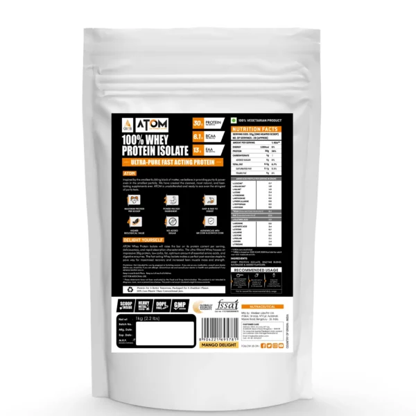 ATOM Whey Protein Isolate Ultra-Pure - 30g Protein | Mango Delight | 1kg