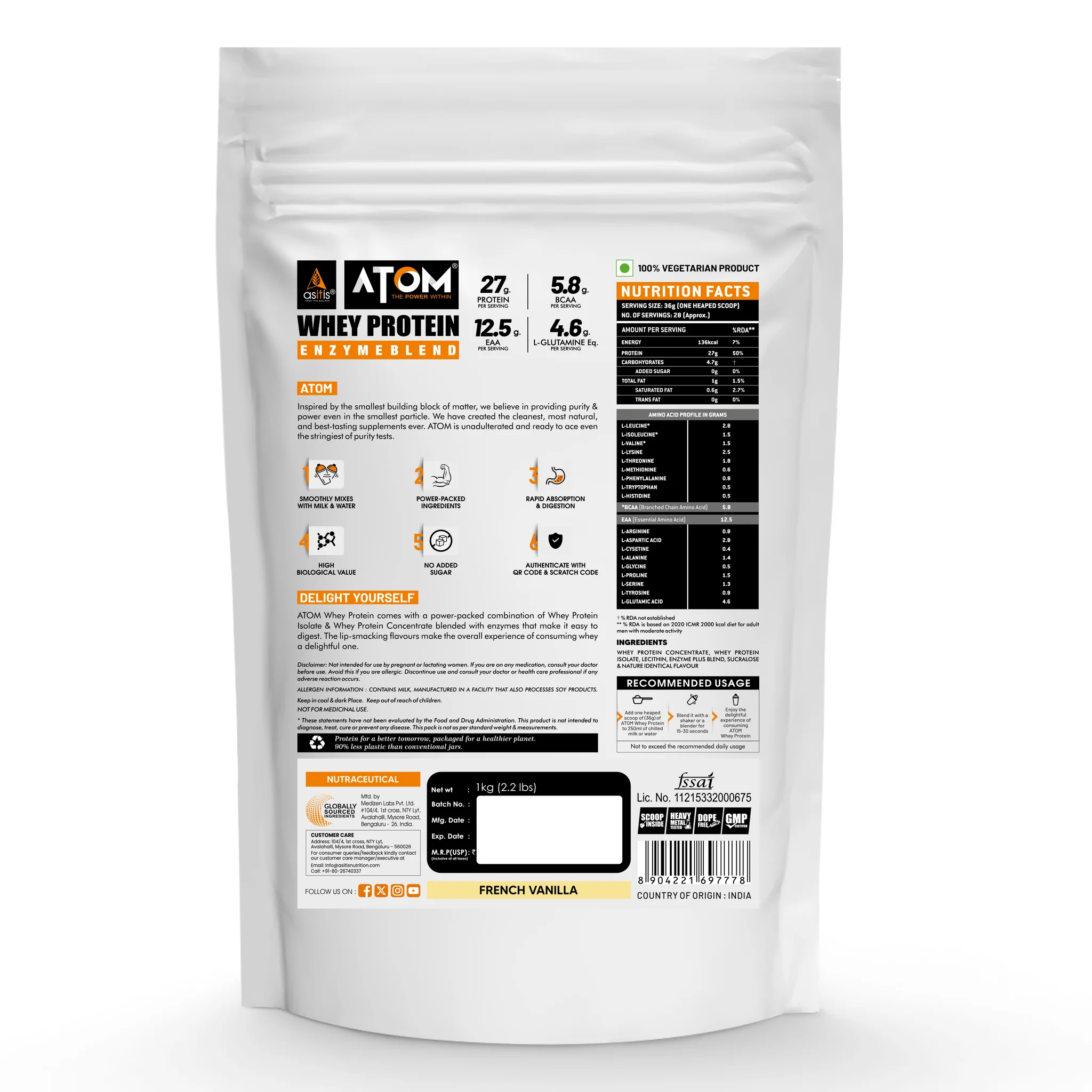 ATOM Whey Protein | USA Labdoor Certified For Accuracy & Purity | French Vanilla | 2kg