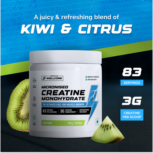 Wellcore - Pure Micronised Creatine Monohydrate | Kiwi Kick (307g, 83 servings) Rapid Absorption | Enhanced Muscle Strength & Power | Fast Recovery | Increased Muscle Mass