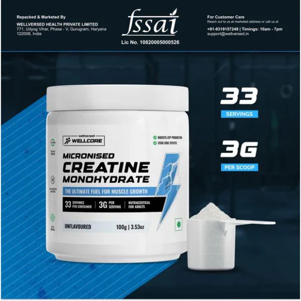 Wellcore - Micronised Creatine Monohydrate (100g, 33 Servings) 100% Pure Creatine | Unflavored | Supports Athletic Performance and Power