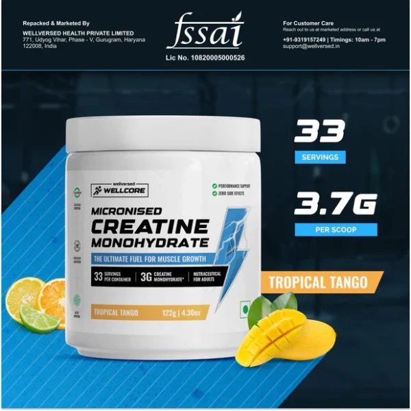 Wellcore - Pure Micronised Creatine Monohydrate (122g, 33 Servings) Tropical Tango Lab Tested | Supports Athletic Performance and Power