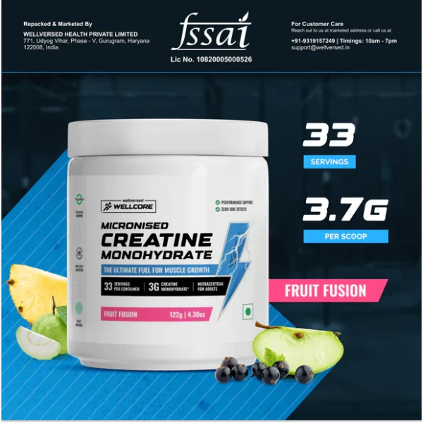 Wellcore - Pure Micronised Creatine Monohydrate (122g, 33 Servings) Fruit Fusion Lab Tested | Supports Athletic Performance and Power