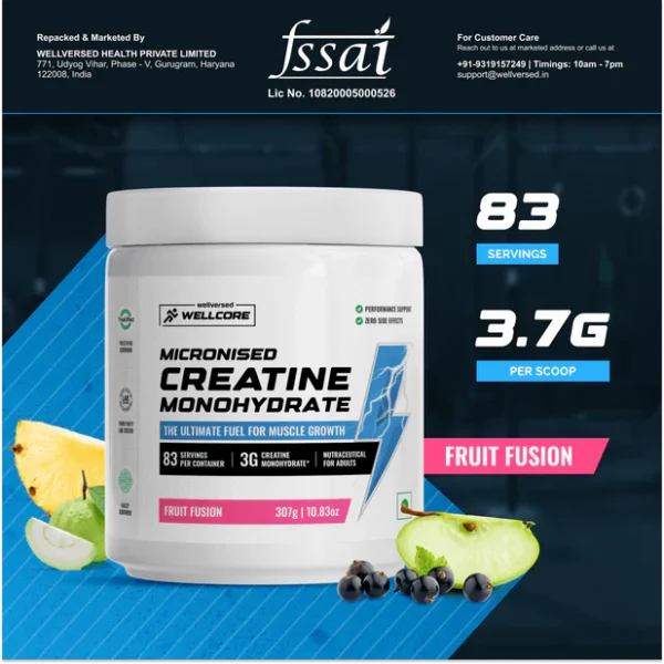 Wellcore - Pure Micronised Creatine Monohydrate (307g, 83 Servings) Fruit Fusion Lab Tested | Supports Athletic Performance and Power