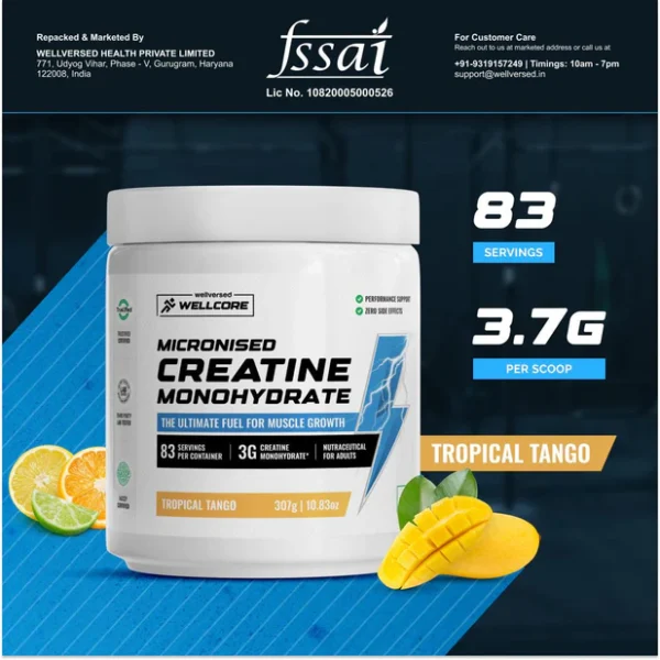 Wellcore - Pure Micronised Creatine Monohydrate (307g, 83Servings) Tropical Tango Lab Tested | Supports Athletic Performance and Power