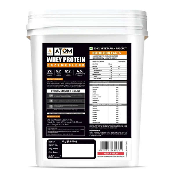 ATOM Whey Protein | USA Labdoor Certified For Accuracy & Purity | Kesar Kulfi | 4Kg