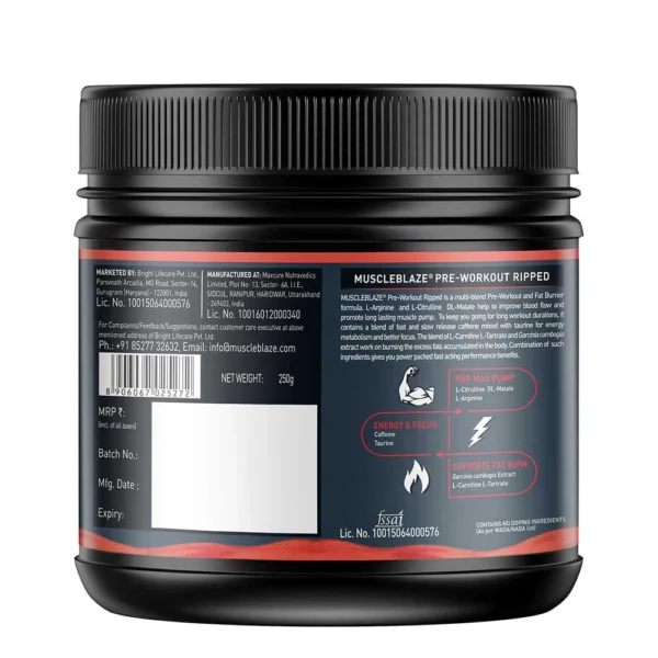 MuscleBlaze Pre Workout Ripped Powder - 250 g | Raspberry Lemonade Flavour | Boosts Energy | Fat Burner Supplement